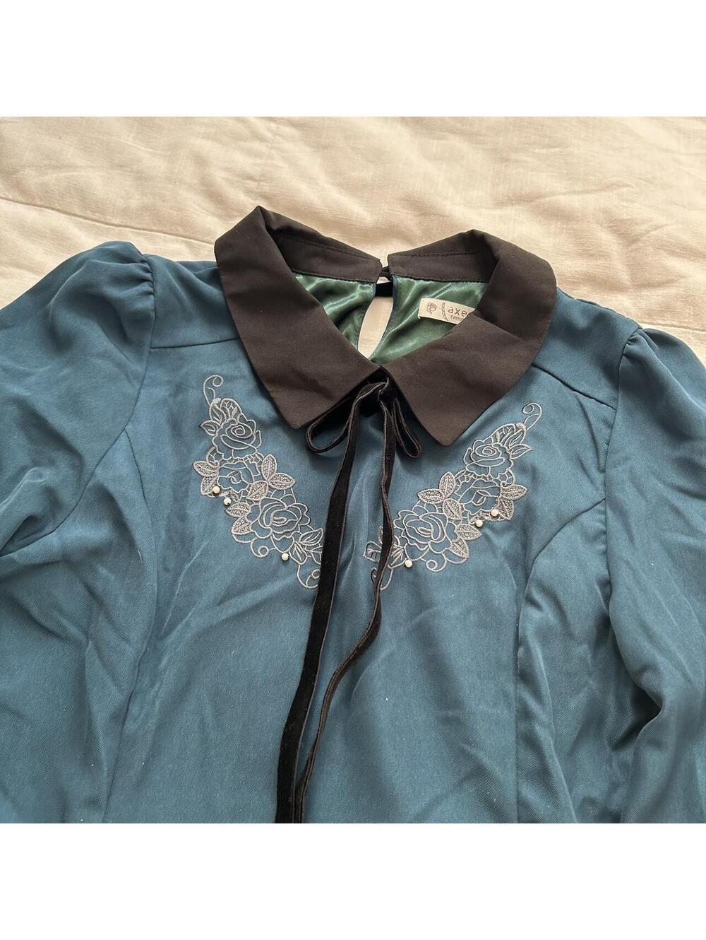 Axes Femme Dark Teal Peter Pan Collar Dress Size M Japan Dark Academia - Picture 2 of 8